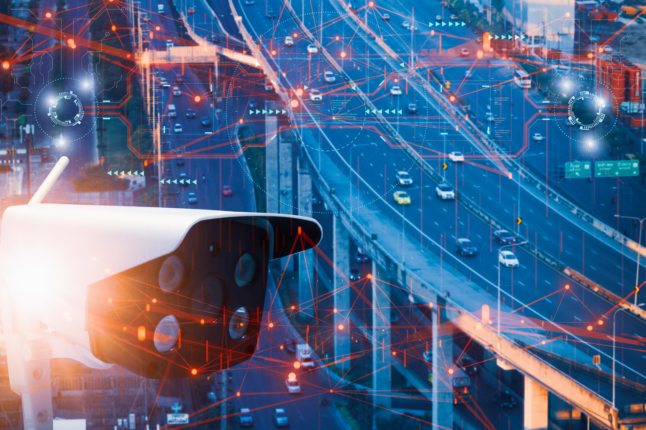 Concept digital technology 4.0,wireless network 5G signal,CCTV camera surveillance,intelligent of artificial systems,and display screen,to monitor road safety and city